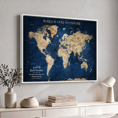 35296308-MGV-CV-36X24 - Custom Push Pin World Map Wall Art Canvas Print | Personalized Travel Tracker with Pins Framed Large for Home and Office Decor