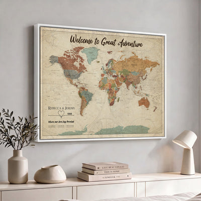 Large Personalized Beige Minimalist Push Pin World Map Wall Art, Next Trip Planner Map, Bedroom and Home Office Decor