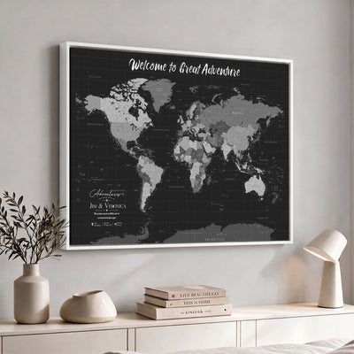 Custom Framed Navy Vintage World Map Canvas with Push Pins, Next Trip Planner Map, Entryway and Hallway Decor
