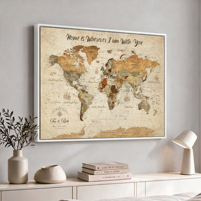Personalized Framed Black Modern Push Pin World Map Wall Art, Couples Countries Visited Map, Dining Room and Hallway Decor