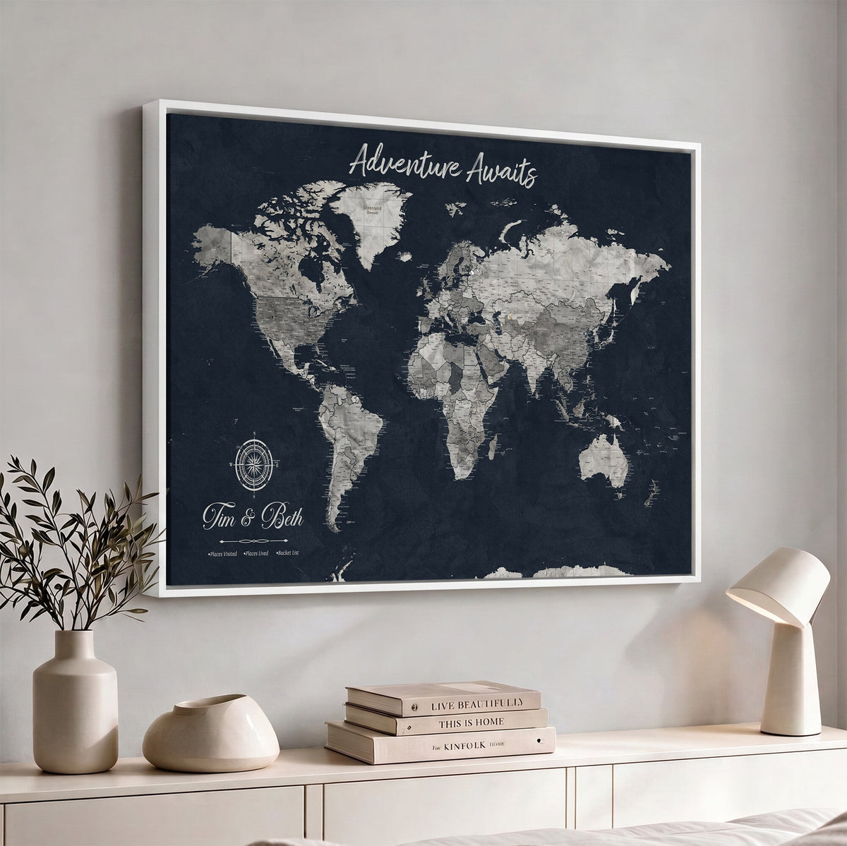 Personalized Framed Beige Vintage Push Pin World Map Wall Art, Bucket List Map, Study and Hallway Decor