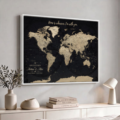 Personalized Framed Beige Modern Push Pin World Map Canvas Print, Places Visited Tracker, Family Room and Bedroom Decor