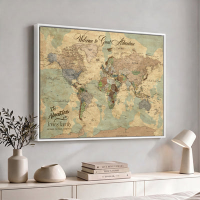 Personalized Framed Navy Vintage Push Pin World Map Wall Art, Places Visited Tracker, Bedroom and Hallway Decor