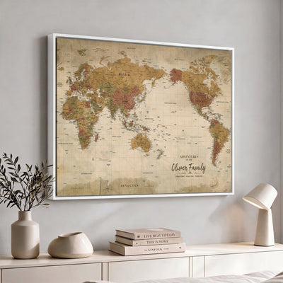 Personalized Framed Navy Modern World Map Canvas with Push Pins, Bucket List Map, Living Room and Entryway Decor