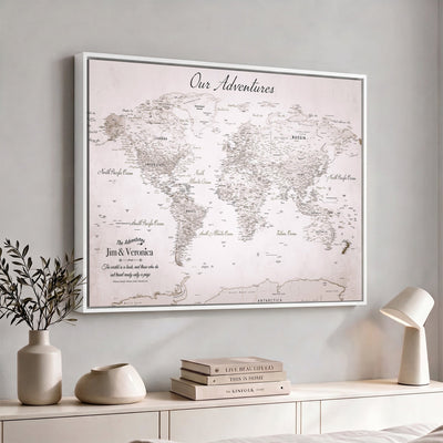Personalized Beige Vintage World Travel Map Wall Art with Pins, Honeymoon and Anniversary Gift, Entryway and Hallway Decor