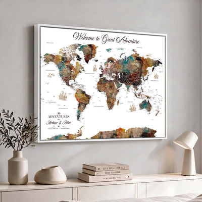 Custom Framed Beige Modern Push Pin World Map Wall Art, Couples Countries Visited Map, Study and Entryway Decor