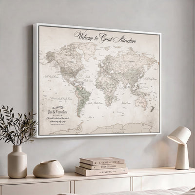 84311132-MGV-CV-36X24 - Personalized Beige World Map Canvas with Push Pins, Places Visited Tracker, Family Room and Entryway Decor