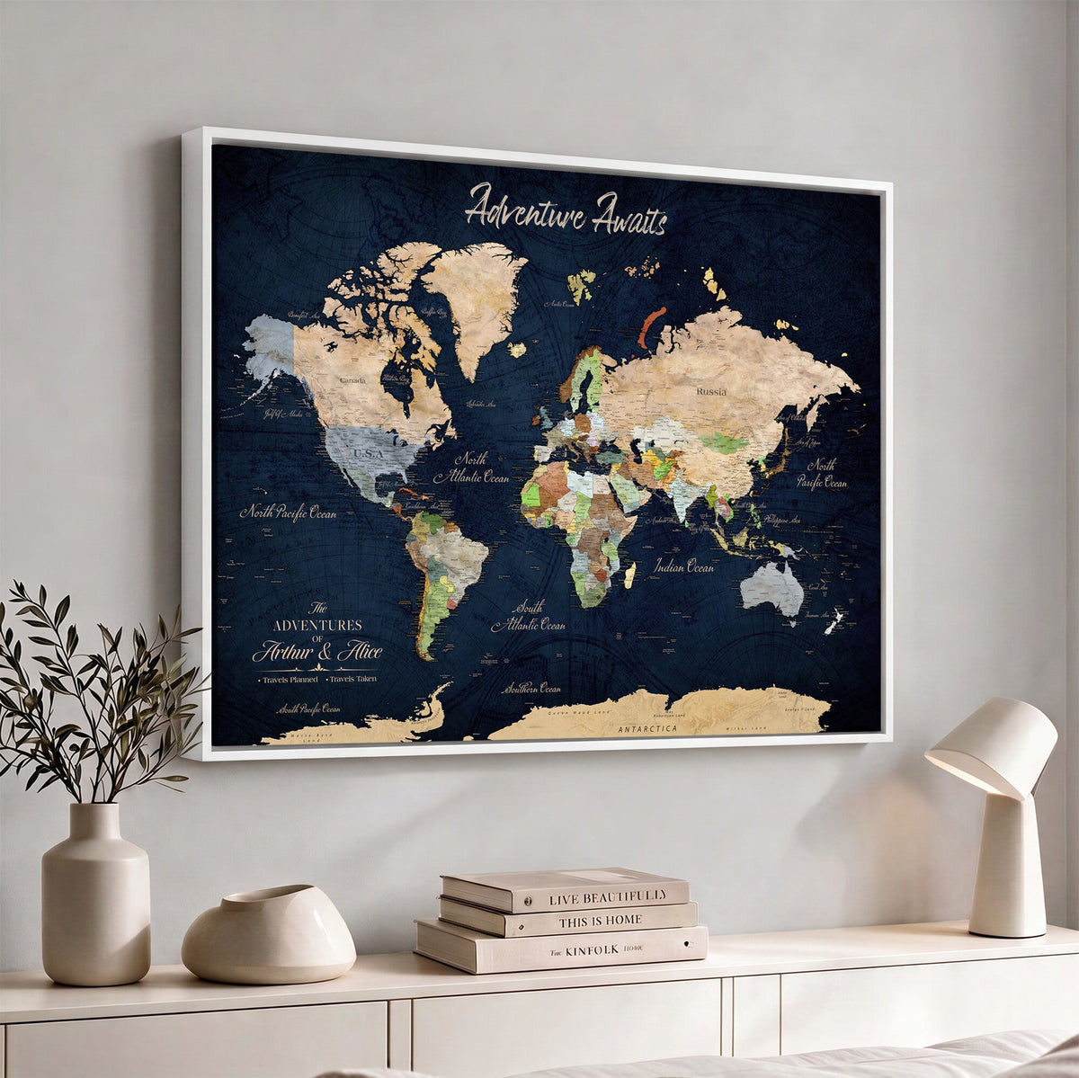 Personalized Beige Antique Push Pin Travel Map Canvas Print, Bucket List Map, Dining Room and Entryway Decor