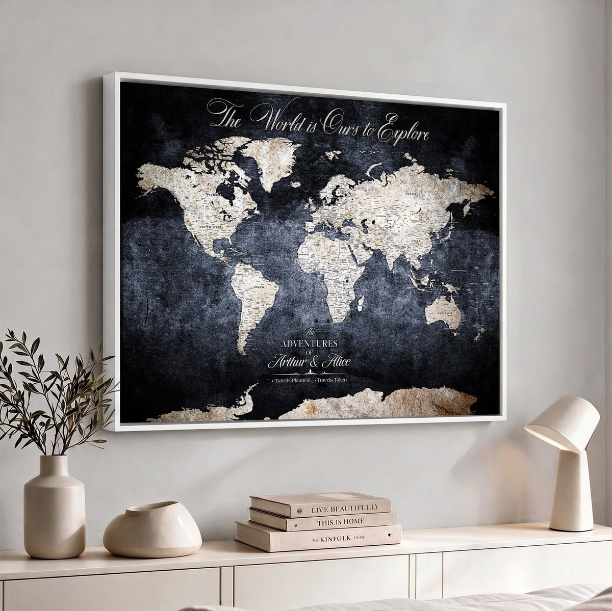 Personalized Beige Modern Push Pin Travel Map Canvas Print, Places Visited Tracker, Study and Entryway Decor