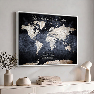 Personalized Beige Modern Push Pin Travel Map Canvas Print, Places Visited Tracker, Study and Entryway Decor