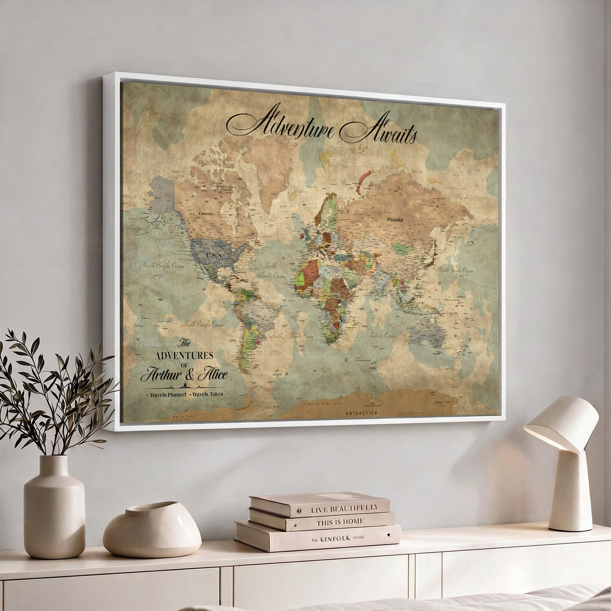 Custom Beige World Travel Map Wall Art with Pins, Bucket List Map, Dining Room and Study Decor