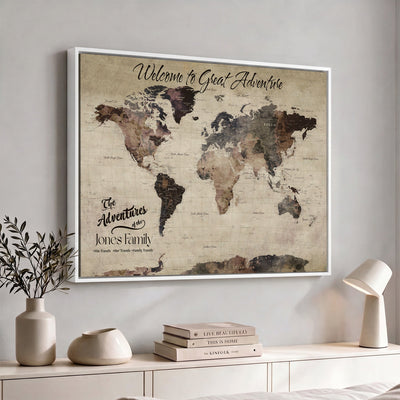 Custom Beige Modern Push Pin World Map Wall Art, Honeymoon and Anniversary Gift, Dining Room and Study Decor