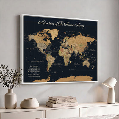 Personalized White Minimalist World Travel Map Wall Art with Pins, Places Visited Tracker, Entryway and Hallway Decor