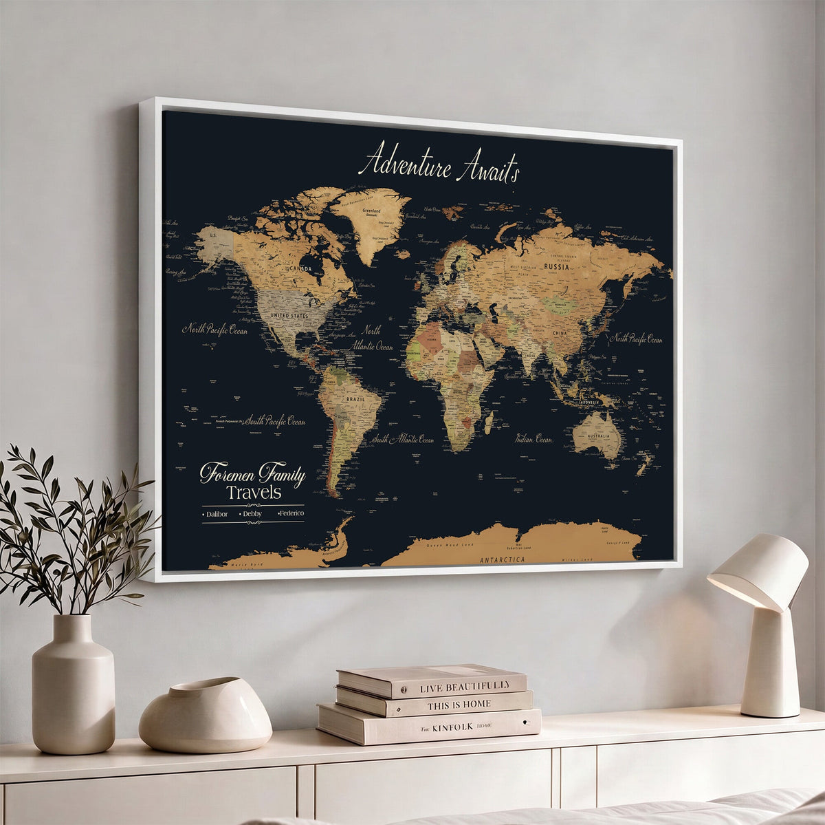 Personalized Framed Beige Geometric Family Push Pin World Map Canvas Print, Next Trip Planner Map, Family Room and Entryway Decor