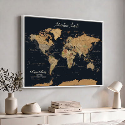 Personalized Framed Beige Geometric Family Push Pin World Map Canvas Print, Next Trip Planner Map, Family Room and Entryway Decor