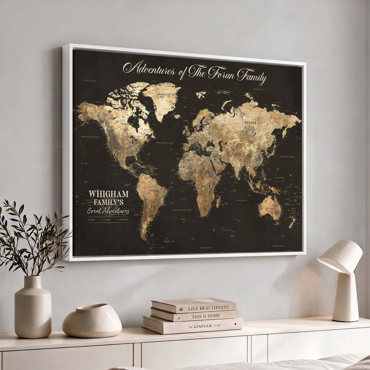 Personalized Framed Beige World Travel Map Wall Art with Pins, Couples Countries Visited Map, Family Room and Dining Room Decor