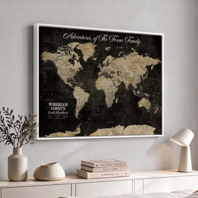 Personalized Framed Black Modern World Map Canvas with Push Pins, Next Trip Planner Map, Dining Room and Home Office Decor