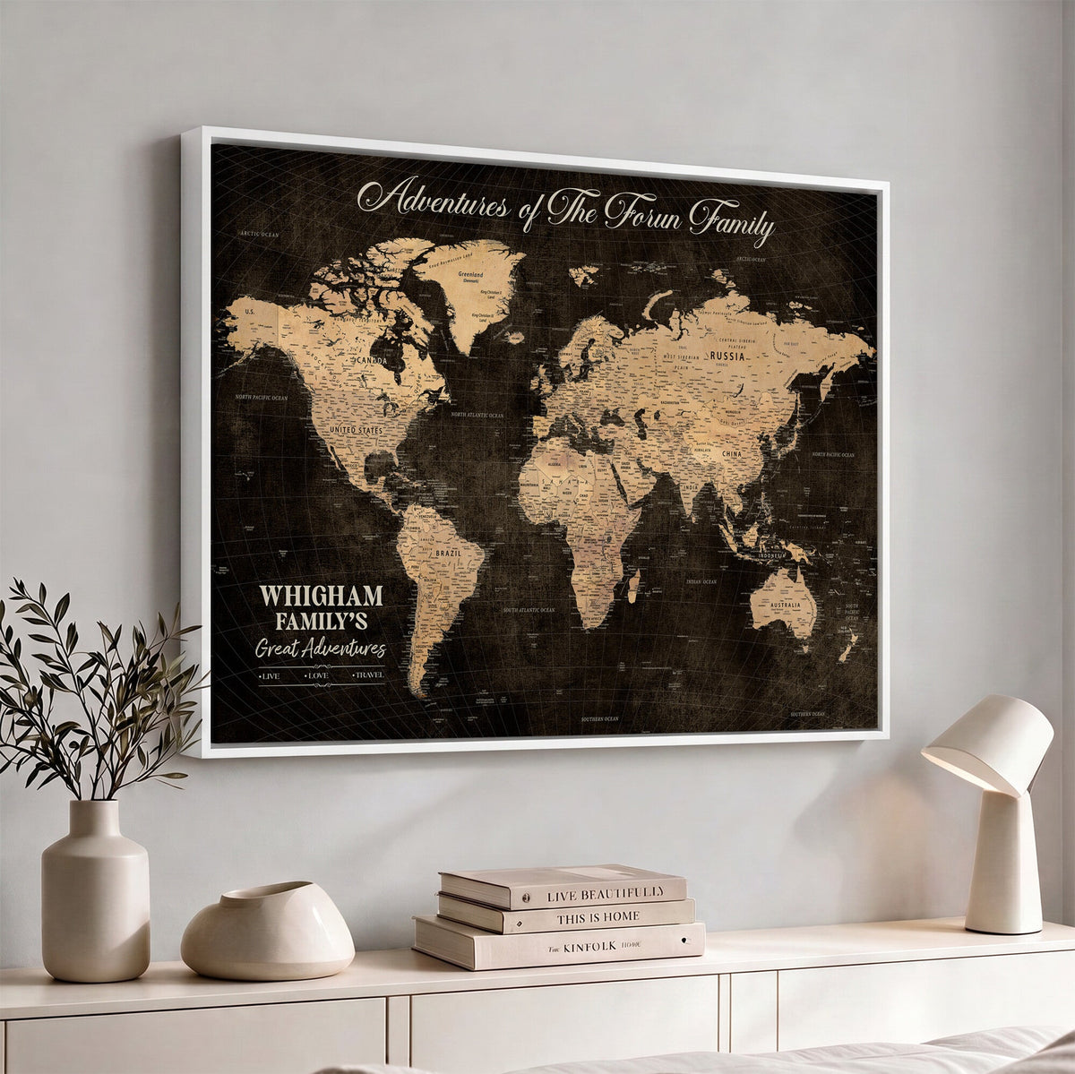 Personalized Framed Beige Geometric Push Pin Travel Map Canvas Print, Honeymoon and Anniversary Gift, Dining Room and Hallway Decor