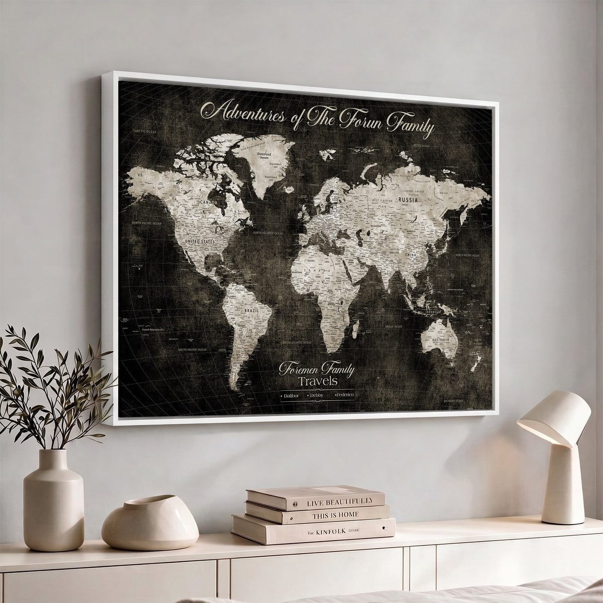 Personalized Framed Beige Push Pin World Map Canvas Print, Couples Countries Visited Map, Dining Room and Study Decor