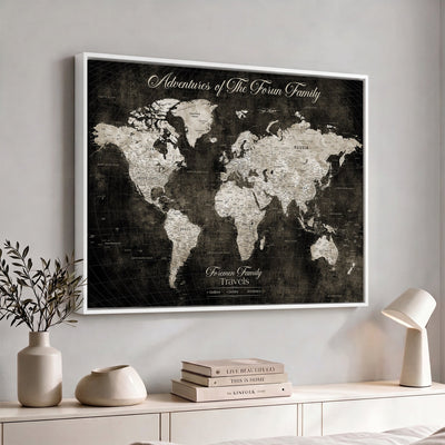 Personalized Framed Beige Push Pin World Map Canvas Print, Couples Countries Visited Map, Dining Room and Study Decor