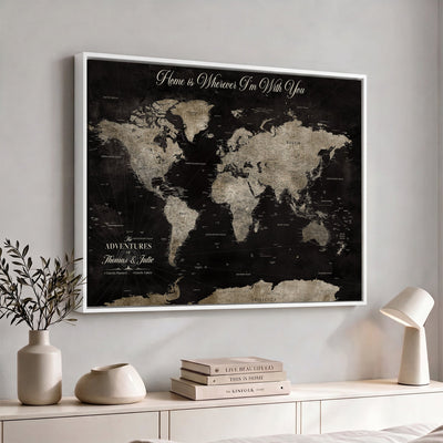 Personalized Framed Black Geometric World Map Canvas with Push Pins, Bucket List Map, Living Room and Dining Room Decor