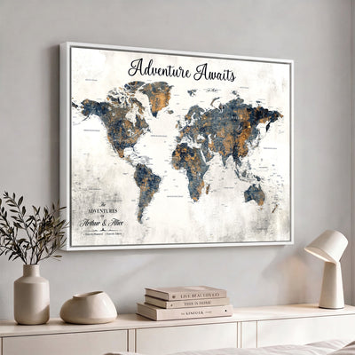 Custom Framed Beige Geometric World Travel Map Wall Art with Pins, Places Visited Tracker, Family Room and Home Office Decor