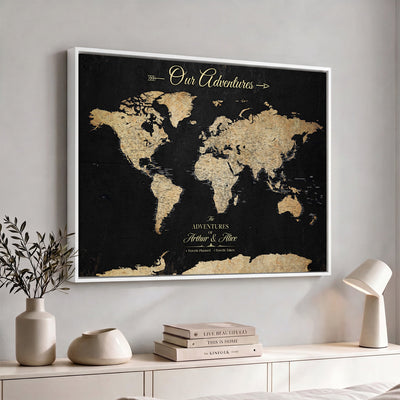 Personalized Framed Beige Push Pin World Map Canvas Print, Family Travel Tracker, Bedroom and Home Office Decor