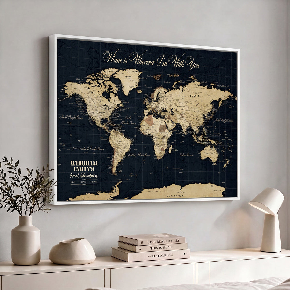 Personalized Framed Beige Geometric Push Pin World Map Wall Art, Couples Countries Visited Map, Bedroom and Hallway Decor