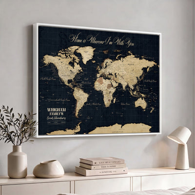 Personalized Framed Beige Geometric Push Pin World Map Wall Art, Couples Countries Visited Map, Bedroom and Hallway Decor