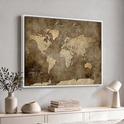 Personalized Framed Beige Push Pin Travel Map Canvas Print, Bucket List Map, Bedroom and Study Decor