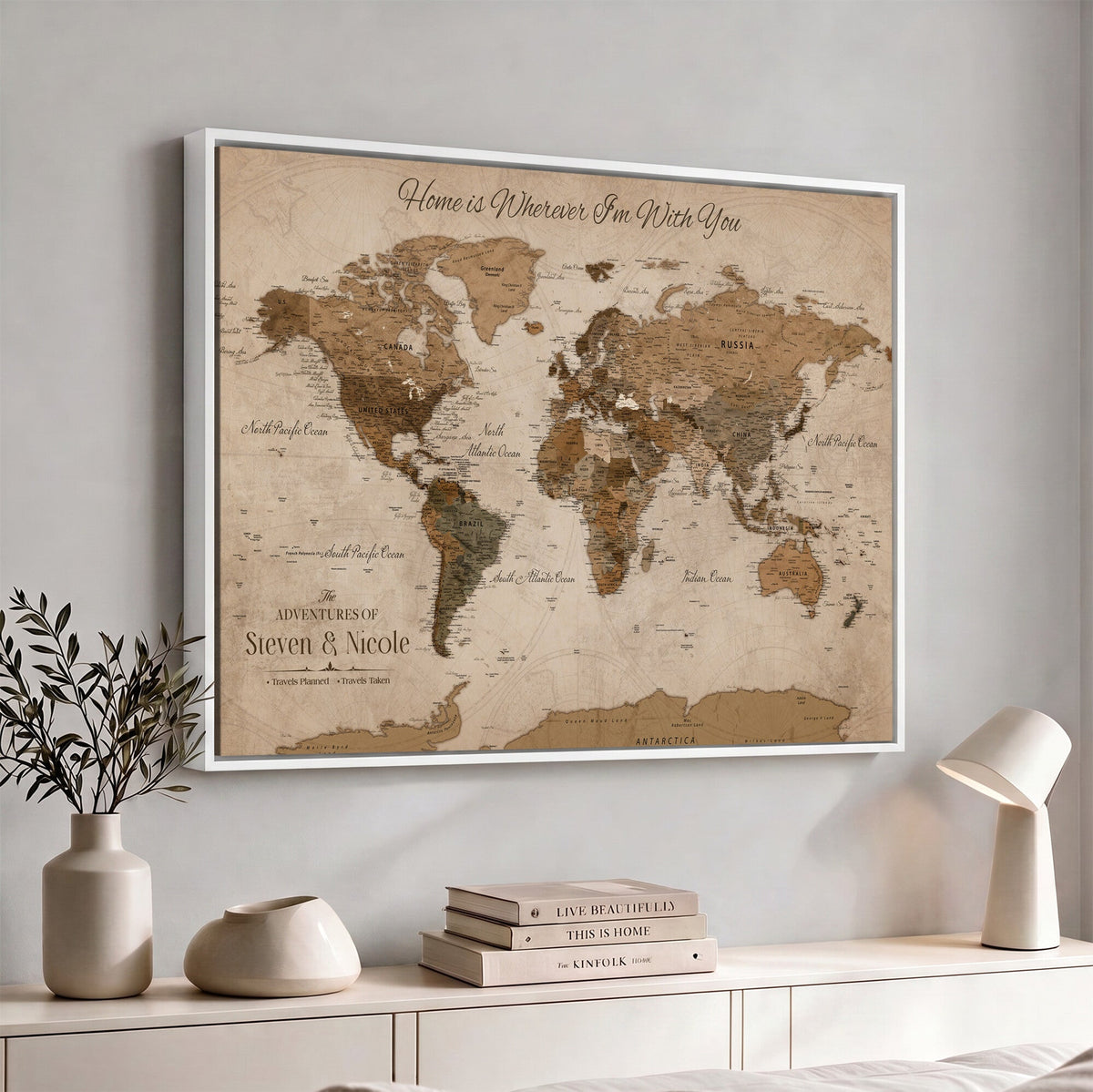 Personalized Framed Beige World Map Canvas with Push Pins, Honeymoon and Anniversary Gift, Living Room and Hallway Decor