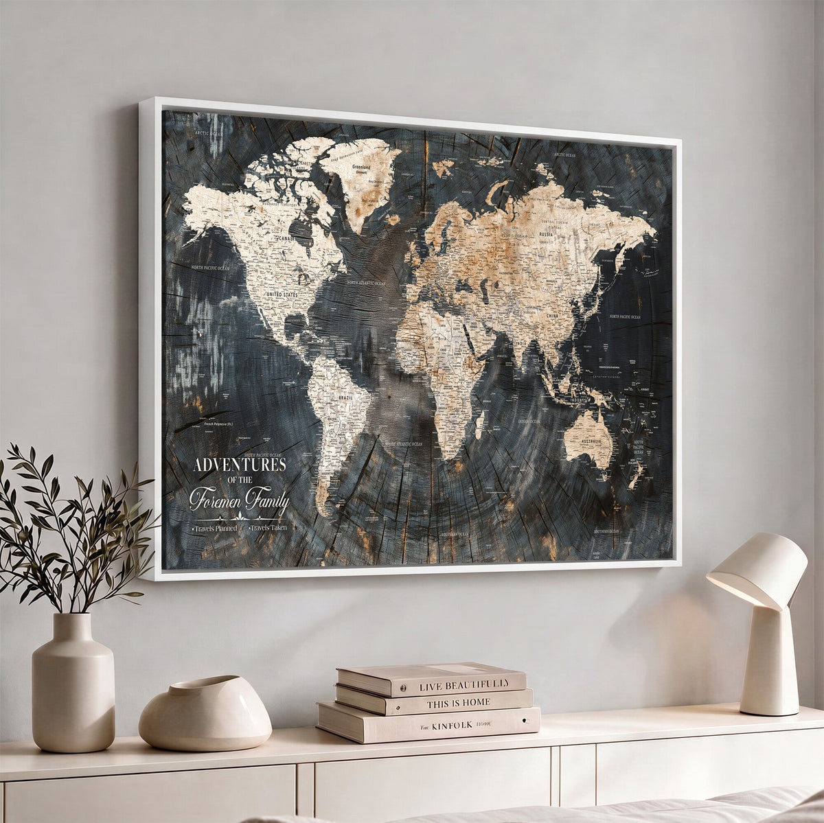 Personalized Framed Beige Push Pin World Map Canvas Print, Bucket List Map, Living Room and Hallway Decor