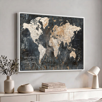 Personalized Framed Beige Push Pin World Map Canvas Print, Bucket List Map, Living Room and Hallway Decor