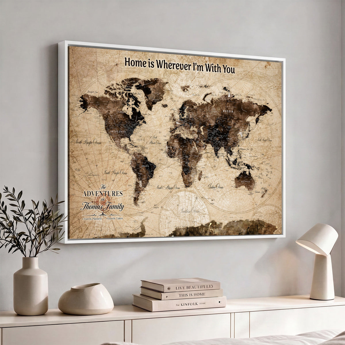 Personalized Framed Beige Modern World Travel Map Wall Art with Pins, Family Adventure Map, Living Room and Hallway Decor