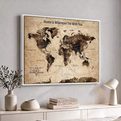 Personalized Framed Beige Modern World Travel Map Wall Art with Pins, Family Adventure Map, Living Room and Hallway Decor