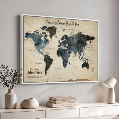 Personalized Framed Black Modern Push Pin Travel Map Canvas Print, Family Travel Tracker, Home Office and Entryway Decor