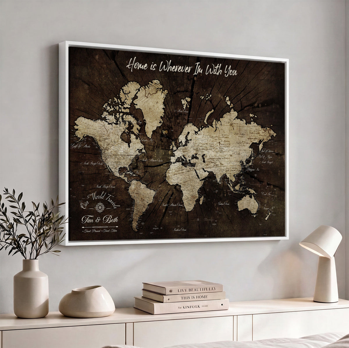 Personalized Watercolor Push Pin World Map Canvas Wall Art, Custom Framed Travel Map - NEWMAP-094