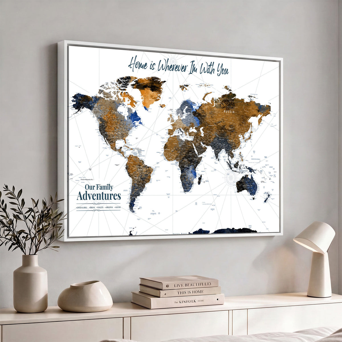 Personalized Framed Beige Modern Push Pin World Map Wall Art, Next Trip Planner Map, Family Room and Home Office Decor