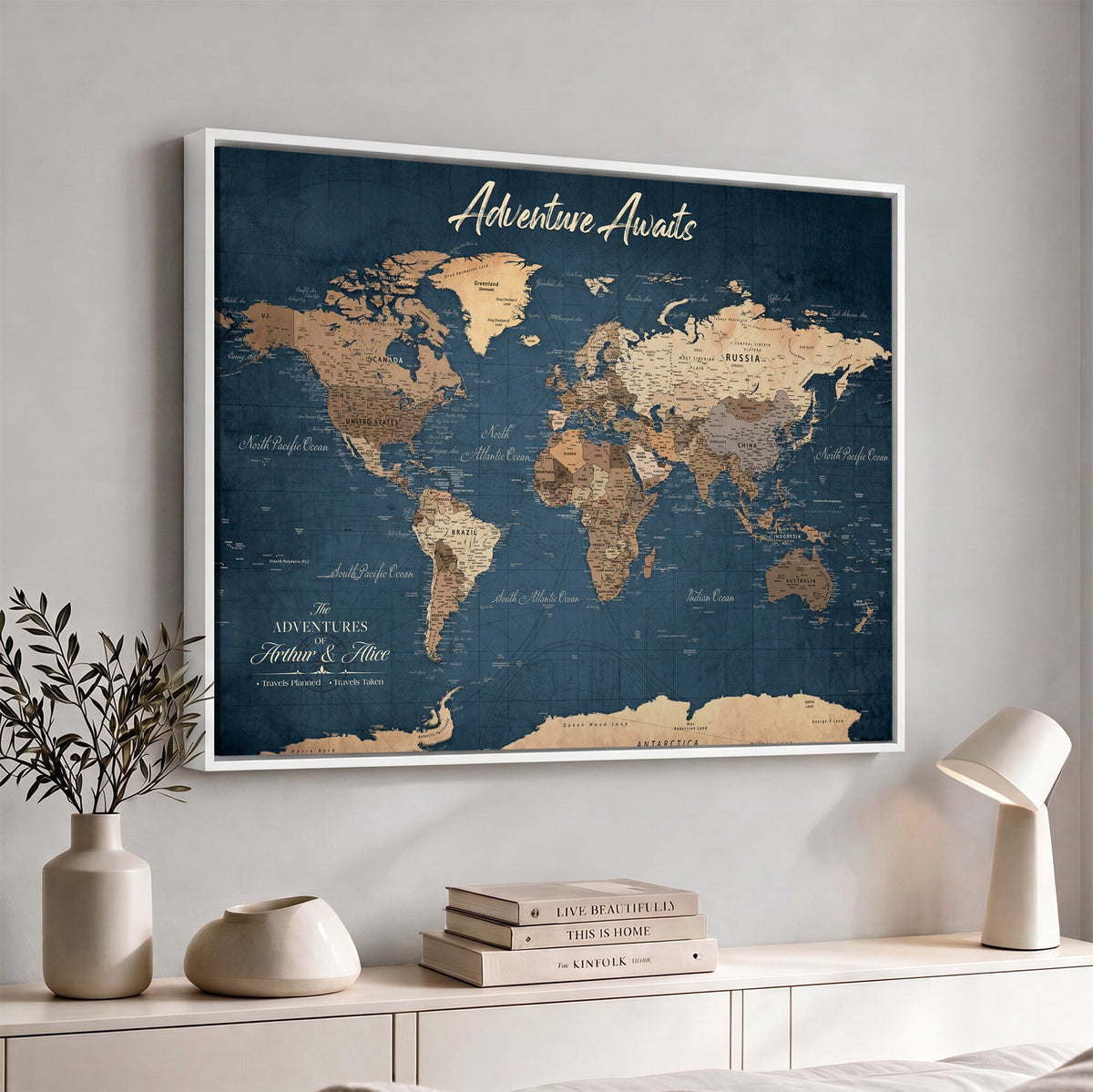 Personalized White Vintage World Travel Map Wall Art with Pins, Next Trip Planner Map, Family Room and Dining Room Decor