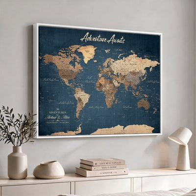 Personalized White Vintage World Travel Map Wall Art with Pins, Next Trip Planner Map, Family Room and Dining Room Decor