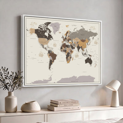 58777746-MGV-CV-36X24 - Custom Beige Modern Push Pin World Map Canvas Print, Places Visited Tracker, Bedroom and Study Decor
