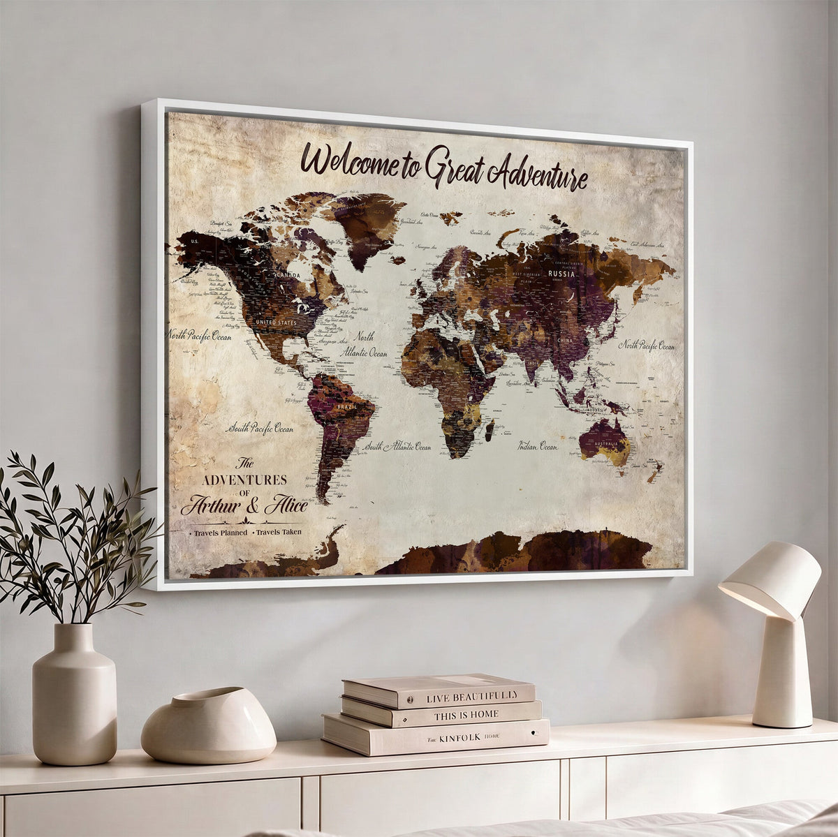 64110391126-MGV-CV-36X24 - Custom Beige World Travel Map Wall Art with Pins, Places Visited Tracker, Family Room and Entryway Decor