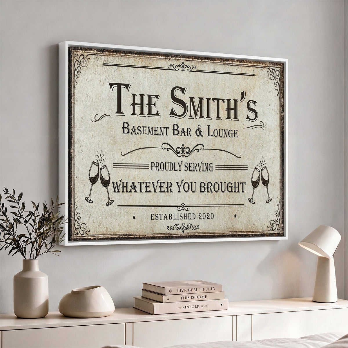 Custom Basement Bar & Lounge Sign Canvas, Personalized Family Name Art
