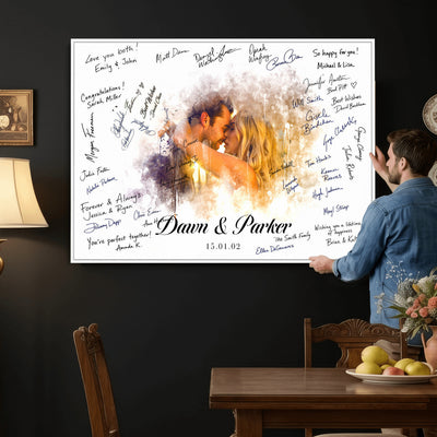 74713307-MGV-CV-36X24 - Wedding Guest Book Alternative Wall Art Canvas Print, Personalized Couple Photo Guestbook Wedding Signature Poster, Custom Couple Photo Guestbook Canvas, Bridal Shower Reception Decor