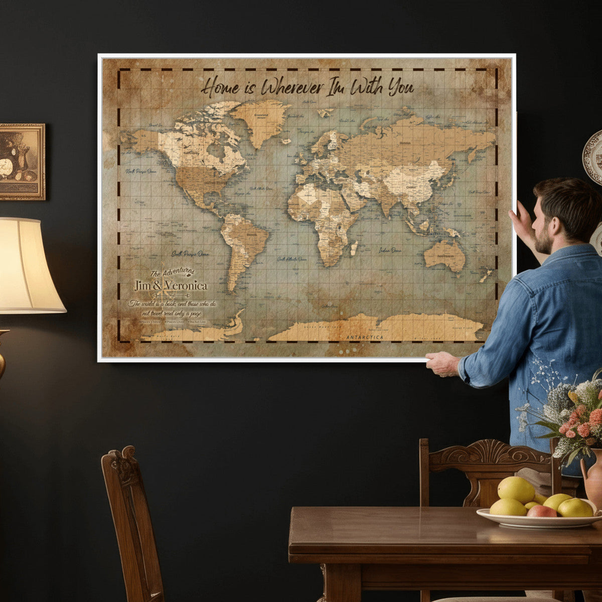 97123877-MGV-CV-36X24 - Vintage Custom Push Pin World Map Print | Vintage Travel Map Canvas, Personalized Names Anniversary Gift, Places Visited Pin Board