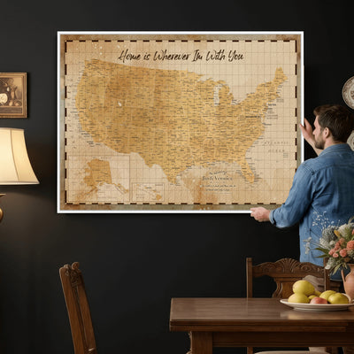 62164711-MGV-CV-36X24 - Personalized USA Push Pin Travel Map, Custom United States Map, Push Pin Map, USA Bucket List Map, Anniversary Gift - Couple Travel Map Wall Art