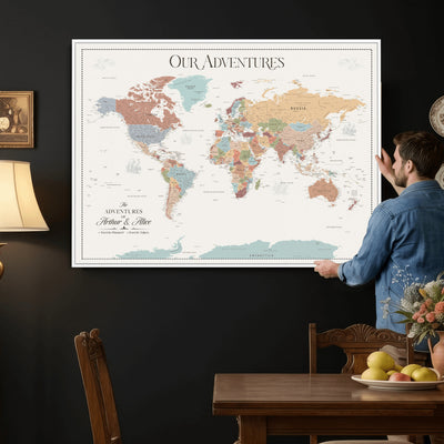 NEWMAP-4-MGV-CV-36X24 - Push Pin Customize World Map with Pins Board Wall Art Canvas Print