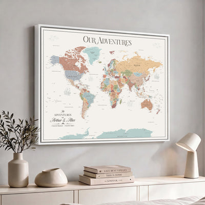 Personalized Framed Navy Push Pin World Map Canvas Print, Next Trip Planner Map, Living Room and Entryway Decor