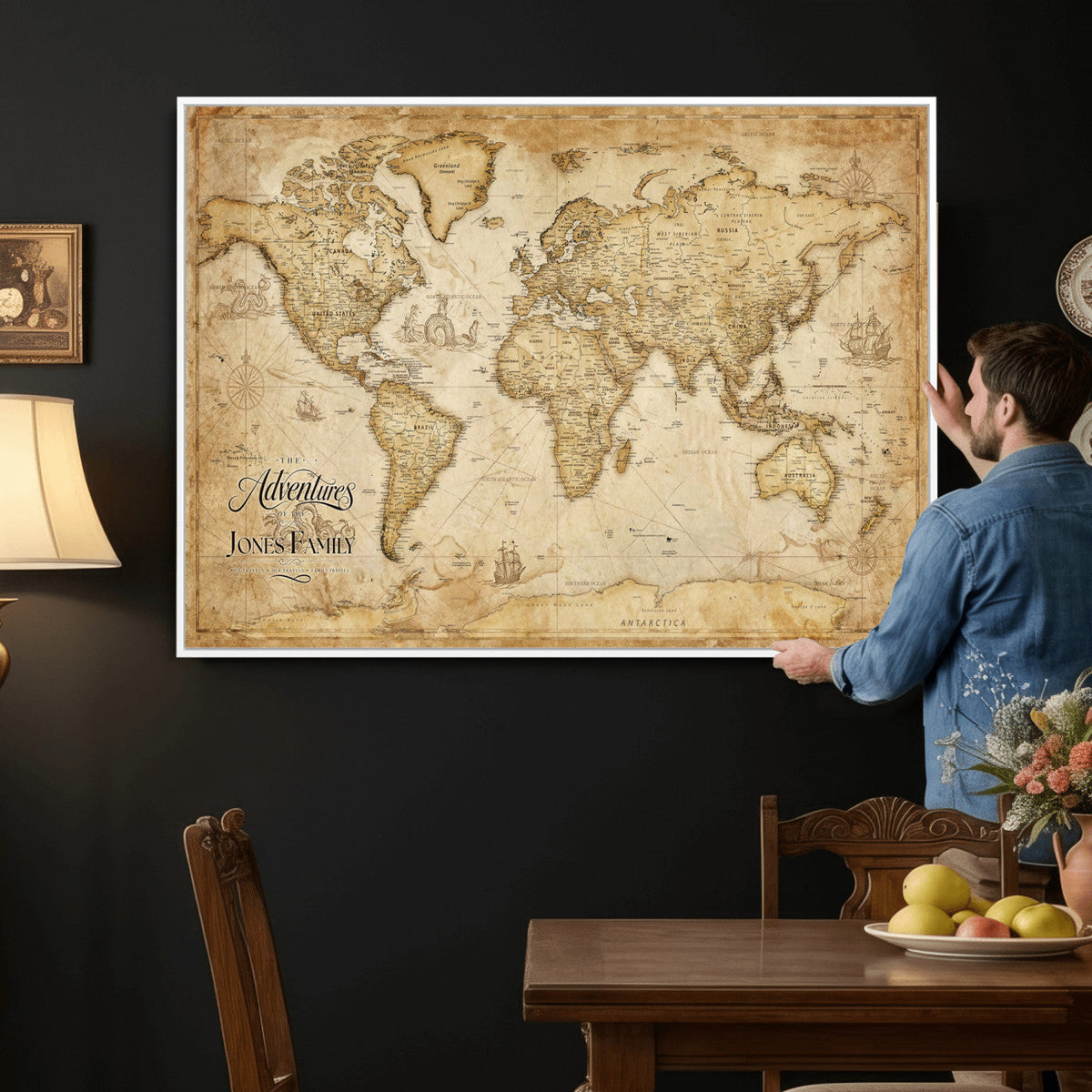 60956619-MGV-CV-36X24 - Custom Push Pin World Map Canvas Print | Personalized Travel Map Wall Art