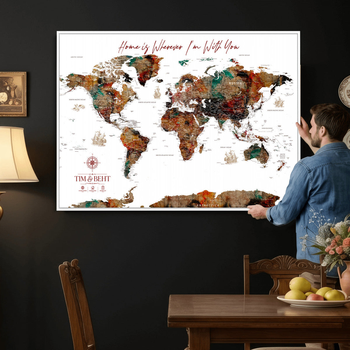 116MESUT-MGV-CV-36X24 - Custom Push Pin World Map Canvas Print | Personalized Travel Map Wall Art